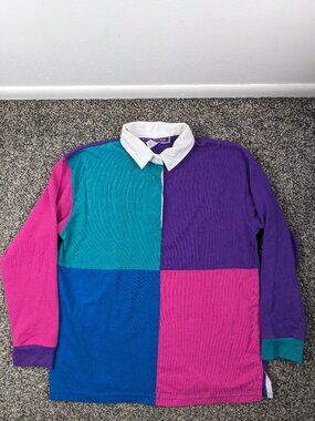Vintage 90s Rugby Shirt Colorblock Long Sleeve Polo Trade Winds Womens Medium